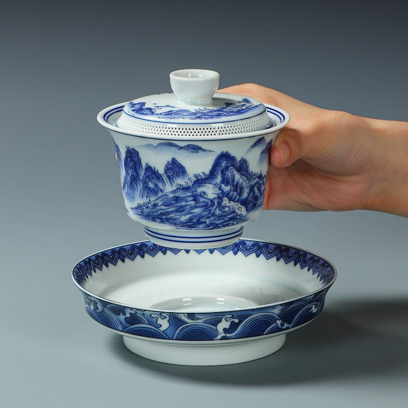 Ancient Celadon Style Ceramic [Qianli Jiangshan] Sancai Gaiwan Set 190ml