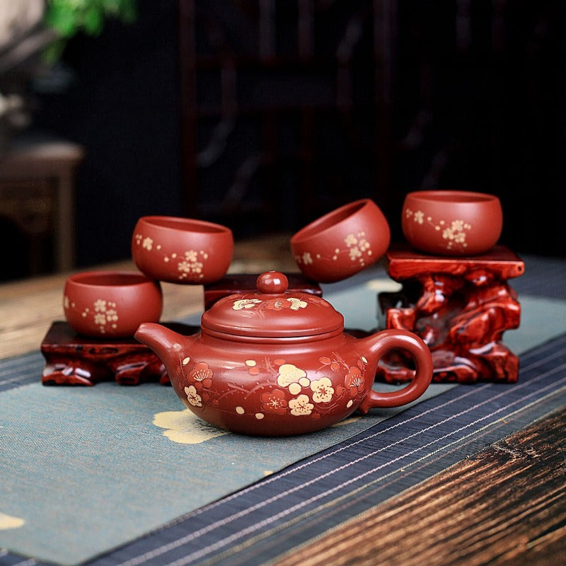 Yixing Zisha Teapot Set [Plum Blossom Fanggu] (Dahongpao - 270ml) - YIQIN TEA HOUSE | yiqinteahouse.com | 200-300ml, teapot, teaware, teaware set