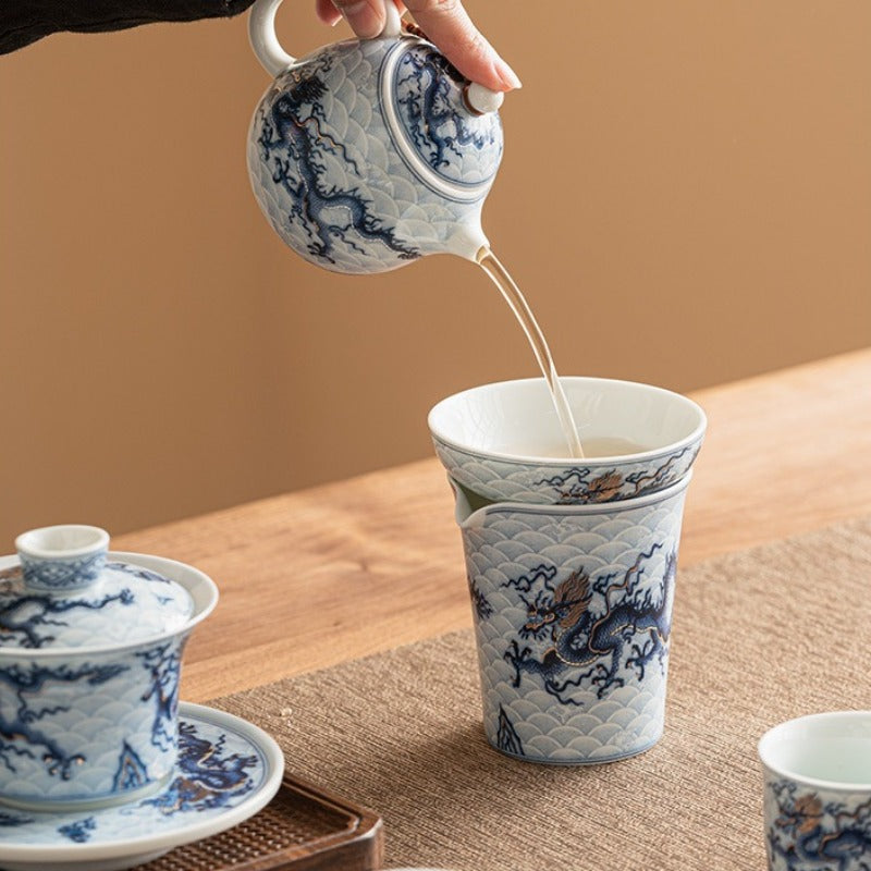 Gold- und Silbereinlage [Qinghua Blauer Drache] Gaiwan-Teekannen-Set