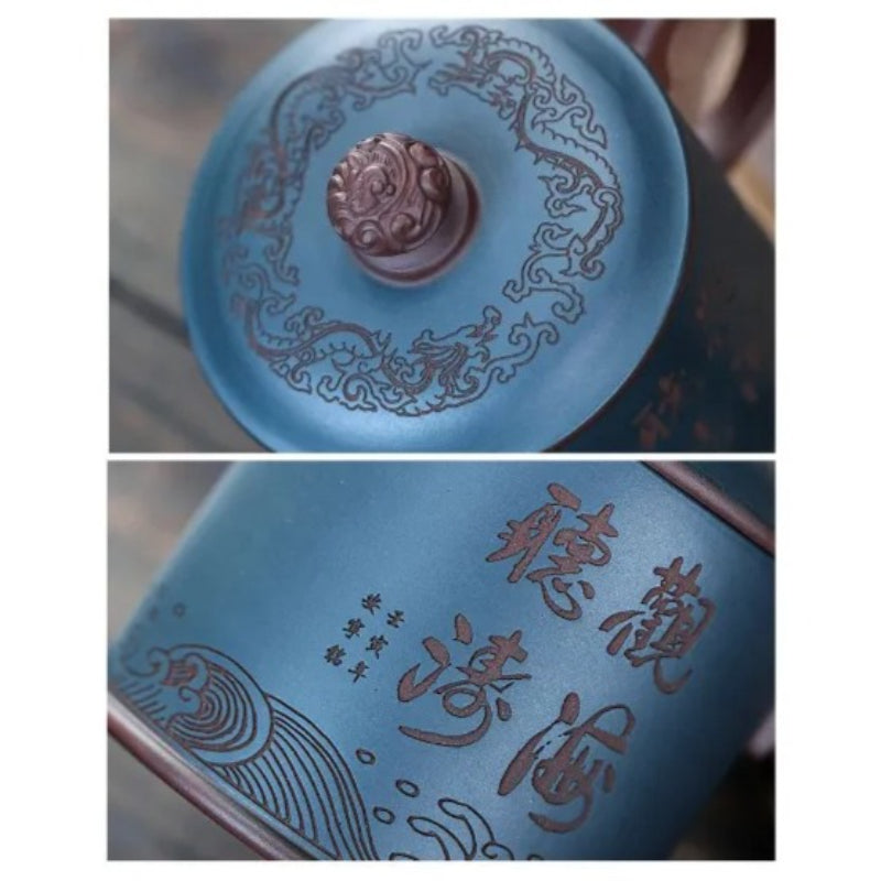 宜兴紫砂 [陶刻听海观涛/泥绘山水] 盖杯 500ml