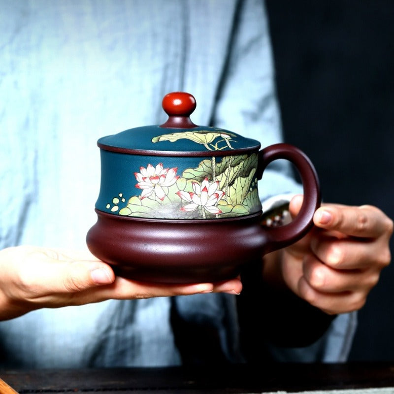 宜兴紫砂手工 [荷风] 盖杯 (绿泥/紫泥 - 420ml)