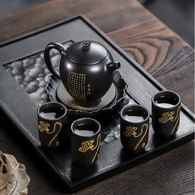 Full Handmade Yixing Zisha Teapot [Wen Xiang] 1 Pot 4 Cups with Tea Tray Set (Shi Huang - 150ml) - YIQIN TEA HOUSE | yiqinteahouse.com | <200ml, full handmade zisha teapot, teapot, teaware, teaware set