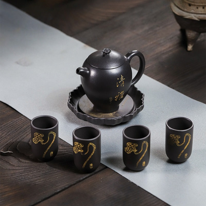 Full Handmade Yixing Zisha Teapot [Wen Xiang] 1 Pot 4 Cups with Tea Tray Set (Shi Huang - 150ml) - YIQIN TEA HOUSE | yiqinteahouse.com | <200ml, full handmade zisha teapot, teapot, teaware, teaware set