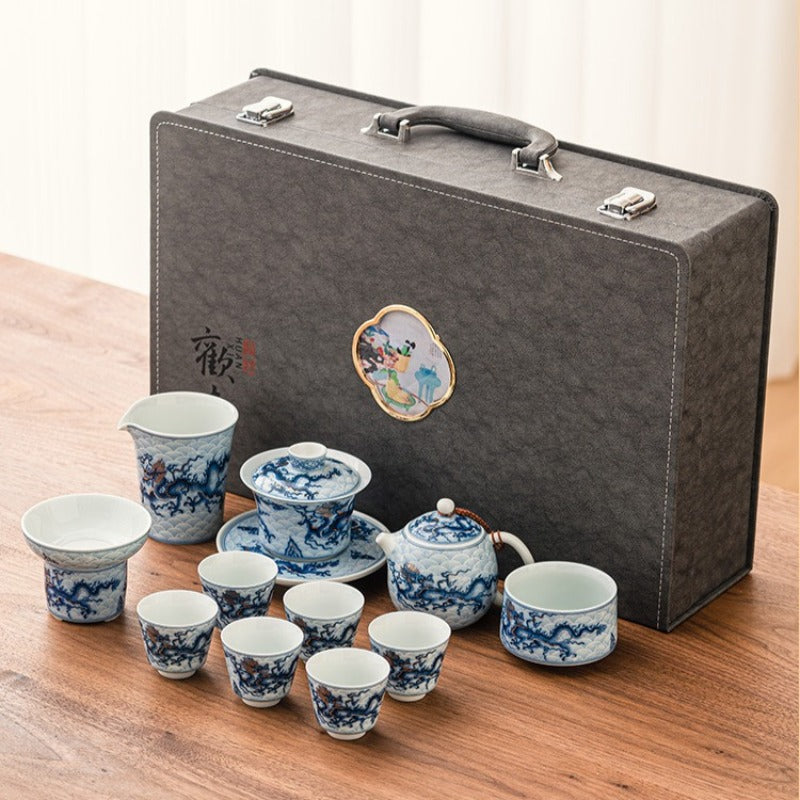 Gold- und Silbereinlage [Qinghua Blauer Drache] Gaiwan-Teekannen-Set