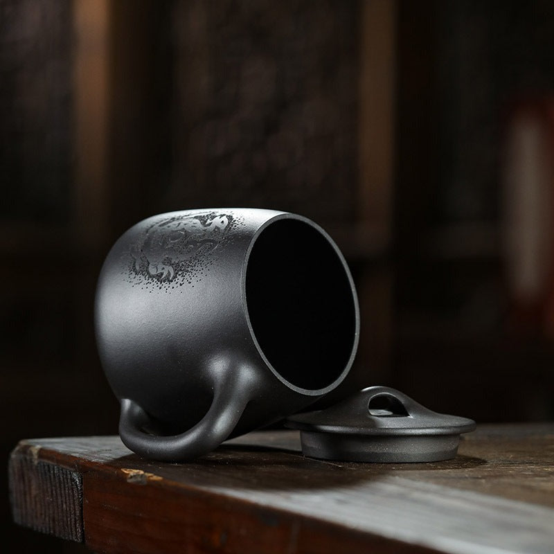 宜兴紫砂 原矿黑泥 手工刻绘 [腾龙石瓢] (带茶滤/茶水分离) 盖杯 560ml