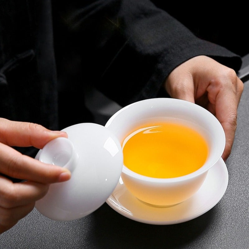 Ice Jade White Porcelain Glazed Thin Walled Sancai Gaiwan [Ingot] 120/150/200ml