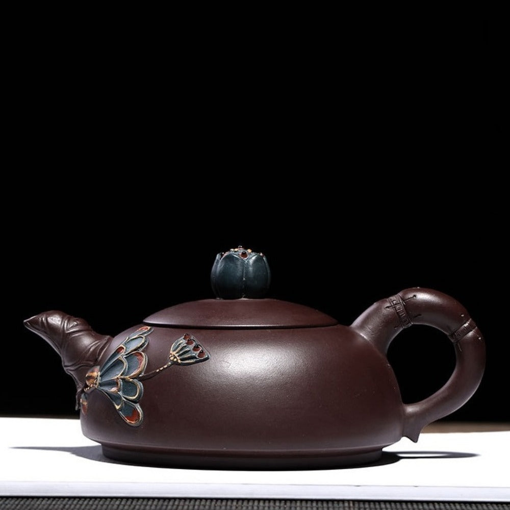 Full Handmade Yixing Zisha Teapot [Lotus Half Moon Pot] Embossed Art (Lao Zi Ni - 360ml)