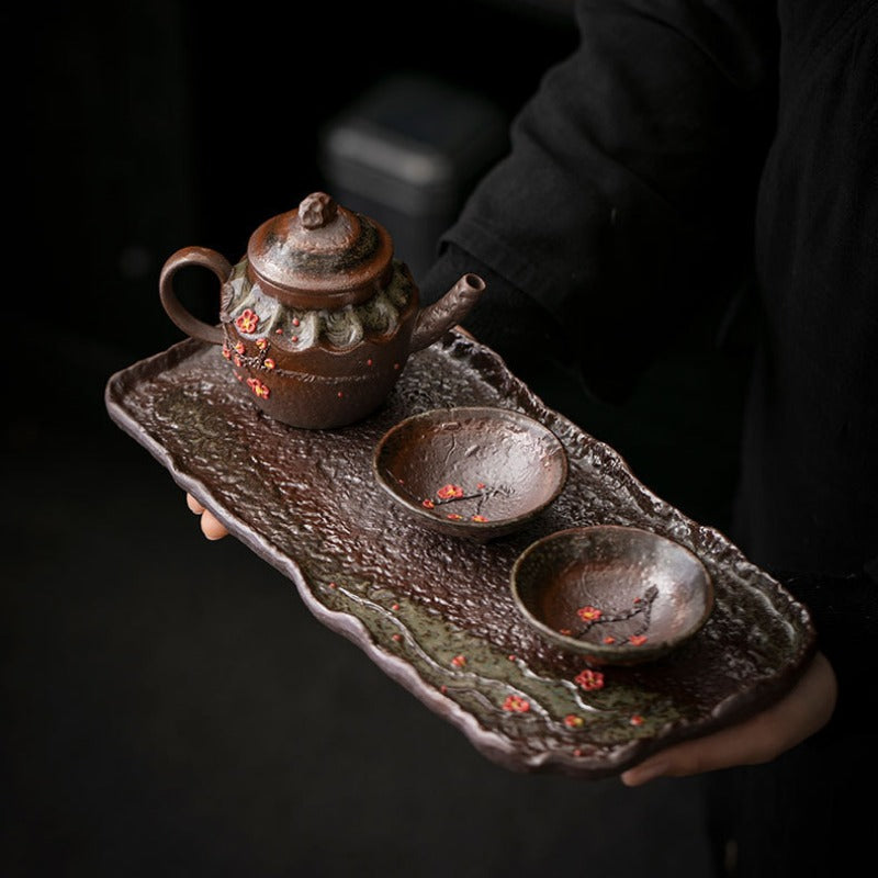 复古粗陶陶瓷 [浮雕梅花] 干泡盘 茶盘