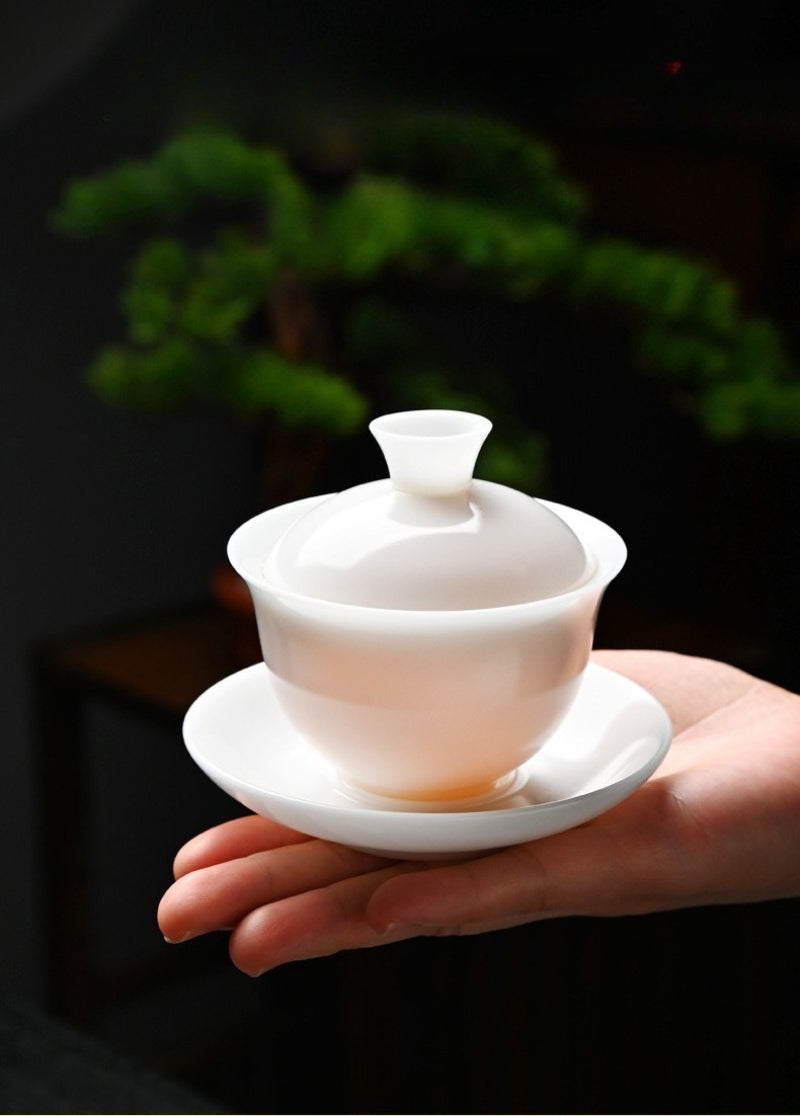 Ice Jade White Porcelain Unglazed Thin Walled Sancai Gaiwan [Ingot] 120/150/230ml