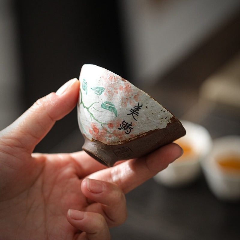 Juego de tazas de té Gaiwan de cerámica floral, pintadas a mano y horneadas a leña [Felicidad]