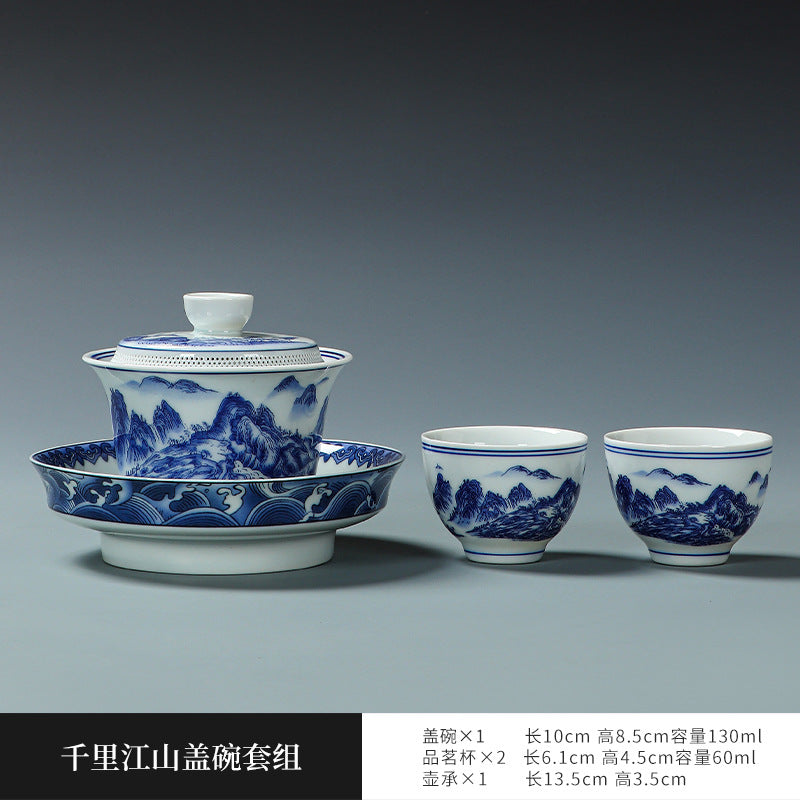 Ancient Celadon Style Ceramic [Qianli Jiangshan] Sancai Gaiwan Set 190ml