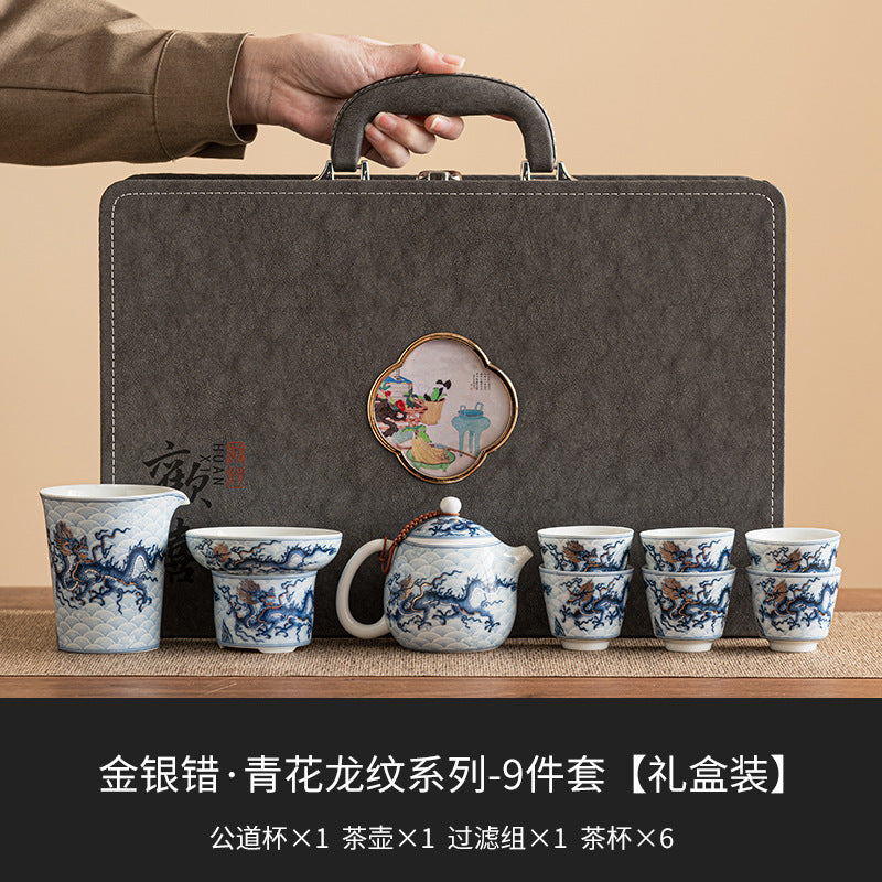 Gold- und Silbereinlage [Qinghua Blauer Drache] Gaiwan-Teekannen-Set