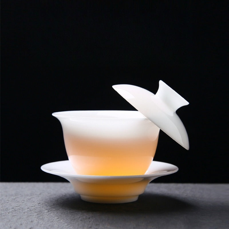 Ice Jade White Porcelain Glazed Thin Walled Sancai Gaiwan [Ingot] 120/150/200ml