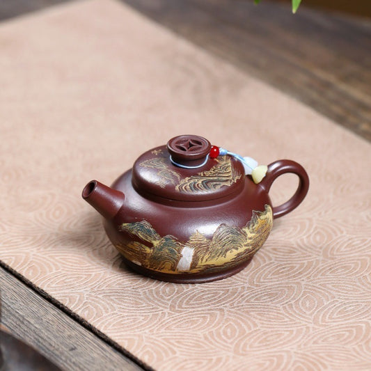 宜兴紫砂茶壶【金绘江山】（石红 - 180ml）