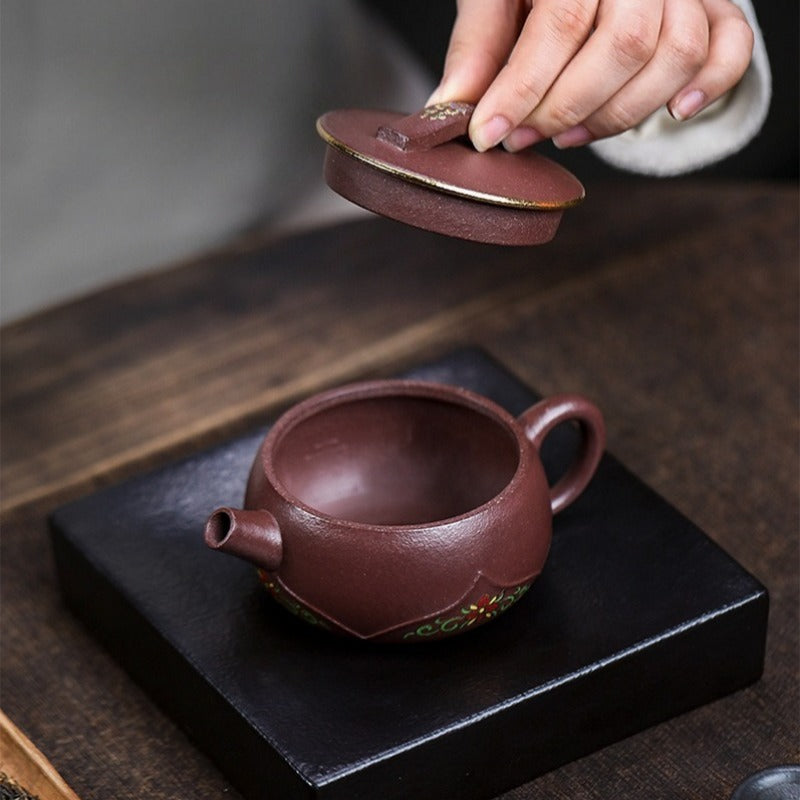 全手工宜兴紫砂茶壶 [竹影莲花] (30目紫泥 - 170ml)