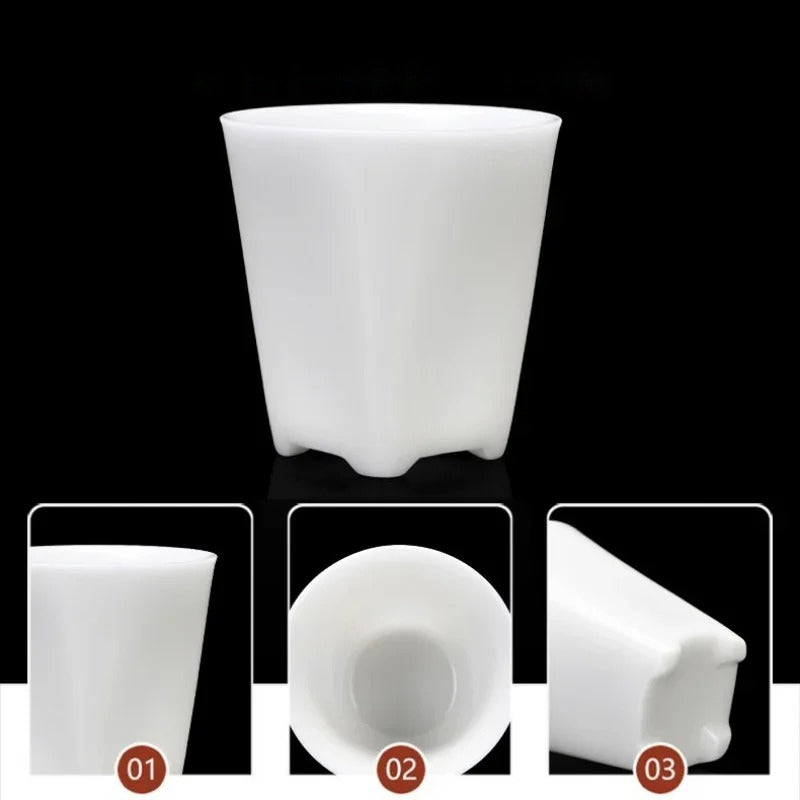 White plastic mold or cup-shaped tool shown on a black background, with three inset detail views labeled 01, 02, and 03 showing the side, bottom opening, and corner detail.

