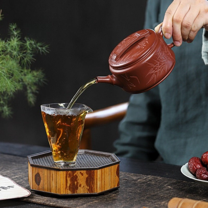 全手工宜兴紫砂茶壶 [竹海飘香汉瓦] (红皮龙 - 320ml)