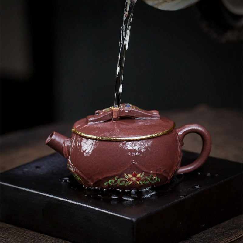 全手工宜兴紫砂茶壶 [竹影莲花] (30目紫泥 - 170ml)