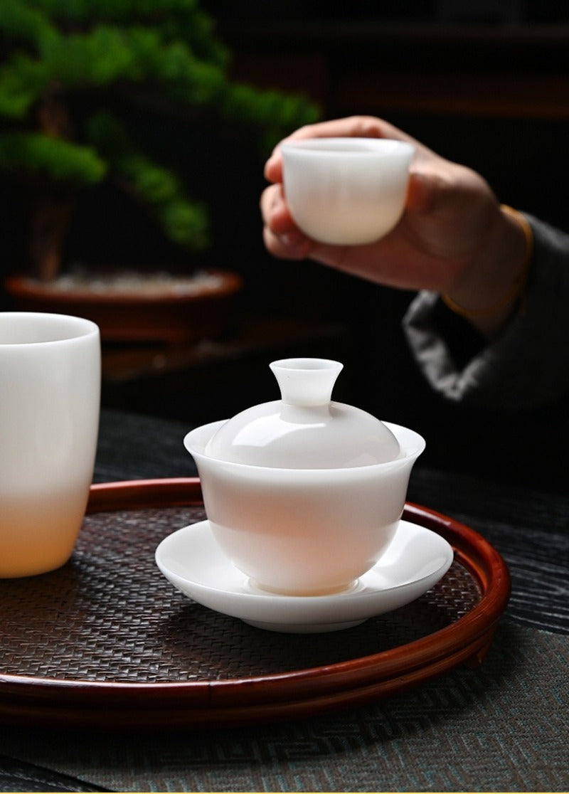 Ice Jade White Porcelain Unglazed Thin Walled Sancai Gaiwan [Ingot] 120/150/230ml