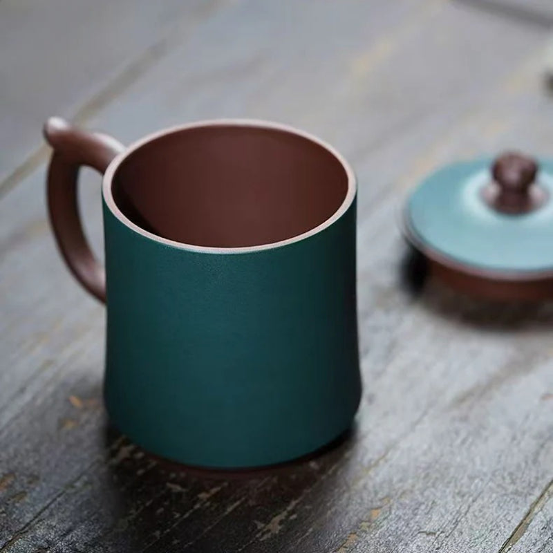 宜兴紫砂 [如意] (带茶滤/茶水分离) 盖杯 (紫泥/绿泥 - 480ml)