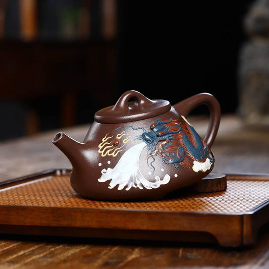 全手工宜兴紫砂茶壶 [堆龙子冶石瓢壶] (老紫泥 - 350ml)
