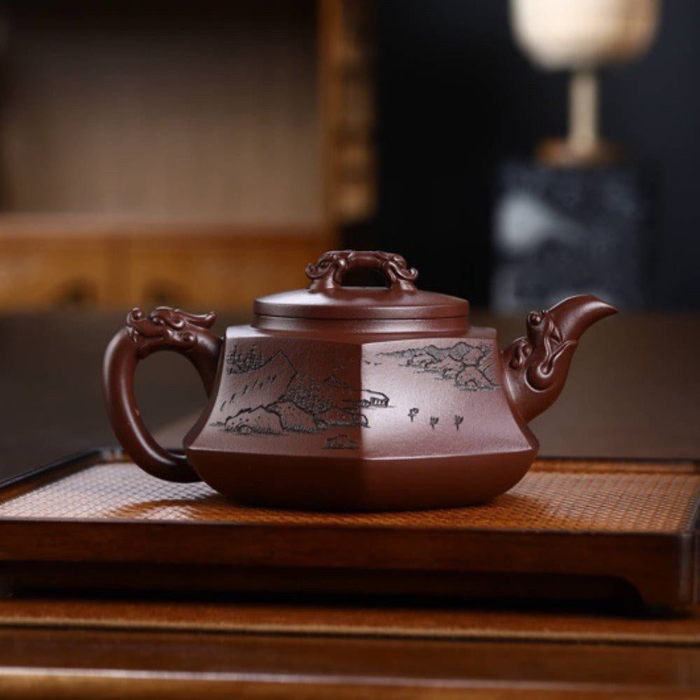 Full Handmade Yixing Zisha Teapot [Lifang Long Pot 六方龙壶] (Zi Ni - 450ml)