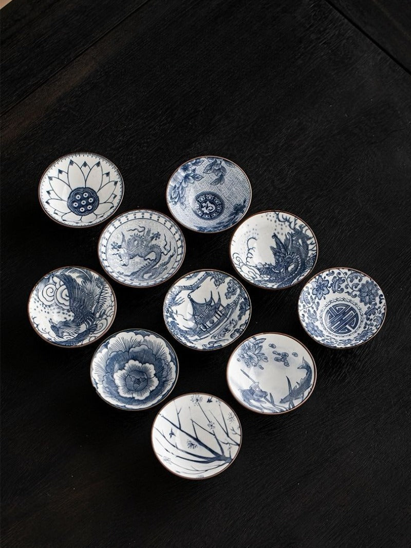 Service à thé cadeau rétro en porcelaine bleue et blanche de 10 pièces, tasses de 70 ml