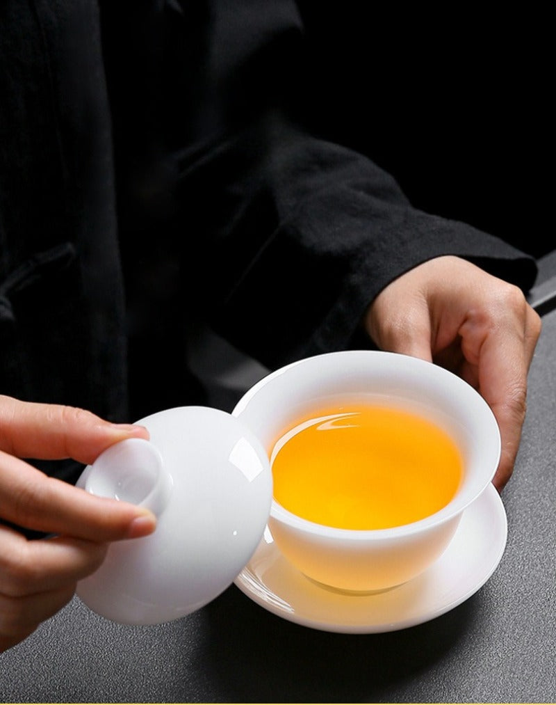 Ice Jade White Porcelain Glazed Thin Walled Sancai Gaiwan [Ingot] 120/150/200ml