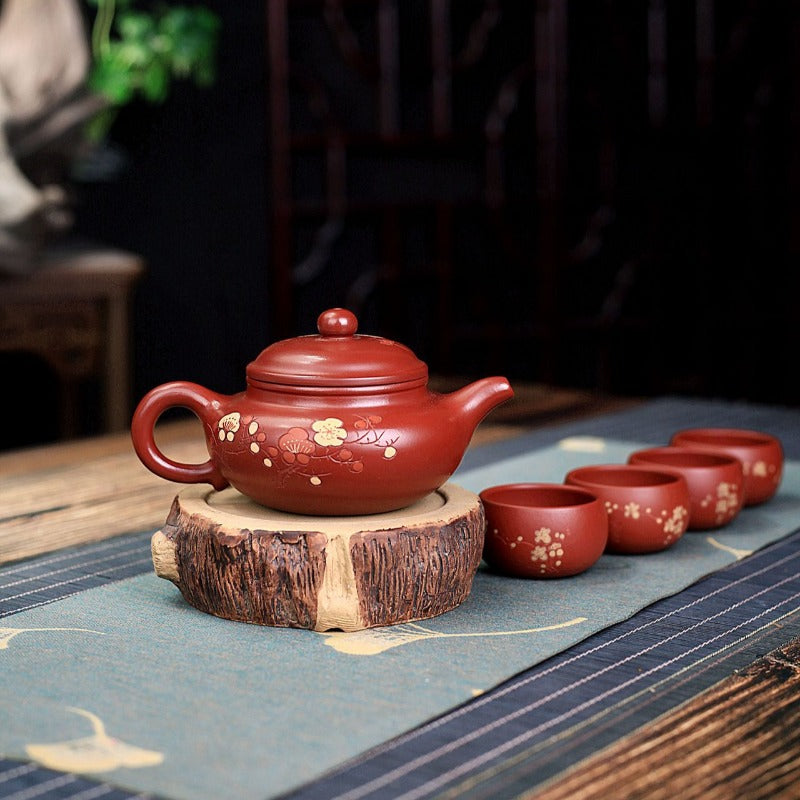 Yixing Zisha Teapot Set [Plum Blossom Fanggu] (Dahongpao - 270ml) - YIQIN TEA HOUSE | yiqinteahouse.com | 200-300ml, teapot, teaware, teaware set