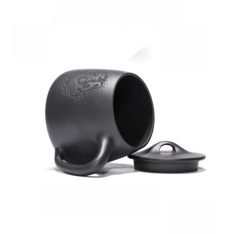 宜兴紫砂 原矿黑泥 手工刻绘 [腾龙石瓢] (带茶滤/茶水分离) 盖杯 560ml