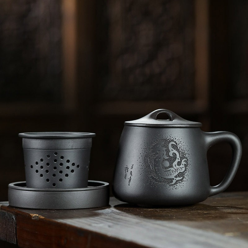 宜兴紫砂 原矿黑泥 手工刻绘 [腾龙石瓢] (带茶滤/茶水分离) 盖杯 560ml