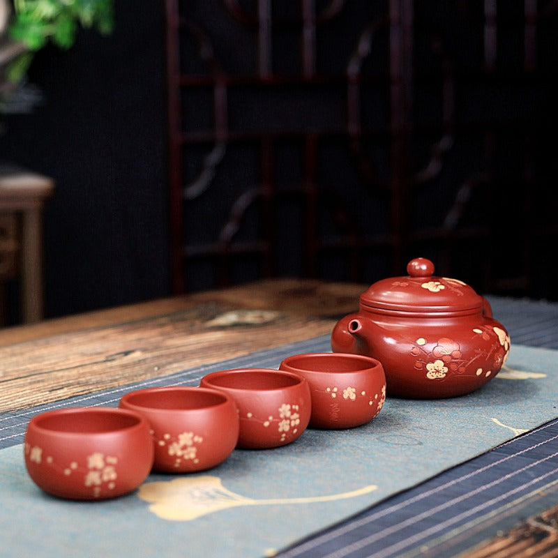 Yixing Zisha Teapot Set [Plum Blossom Fanggu] (Dahongpao - 270ml) - YIQIN TEA HOUSE | yiqinteahouse.com | 200-300ml, teapot, teaware, teaware set