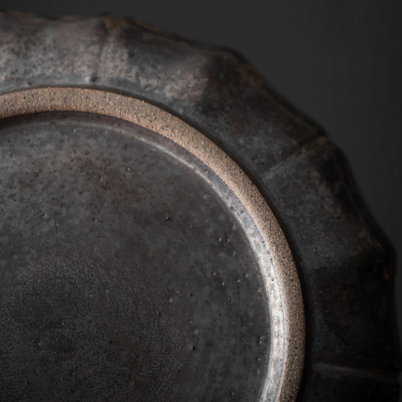 复古鎏金陶瓷圆形储水茶盘壶承（配藤垫）