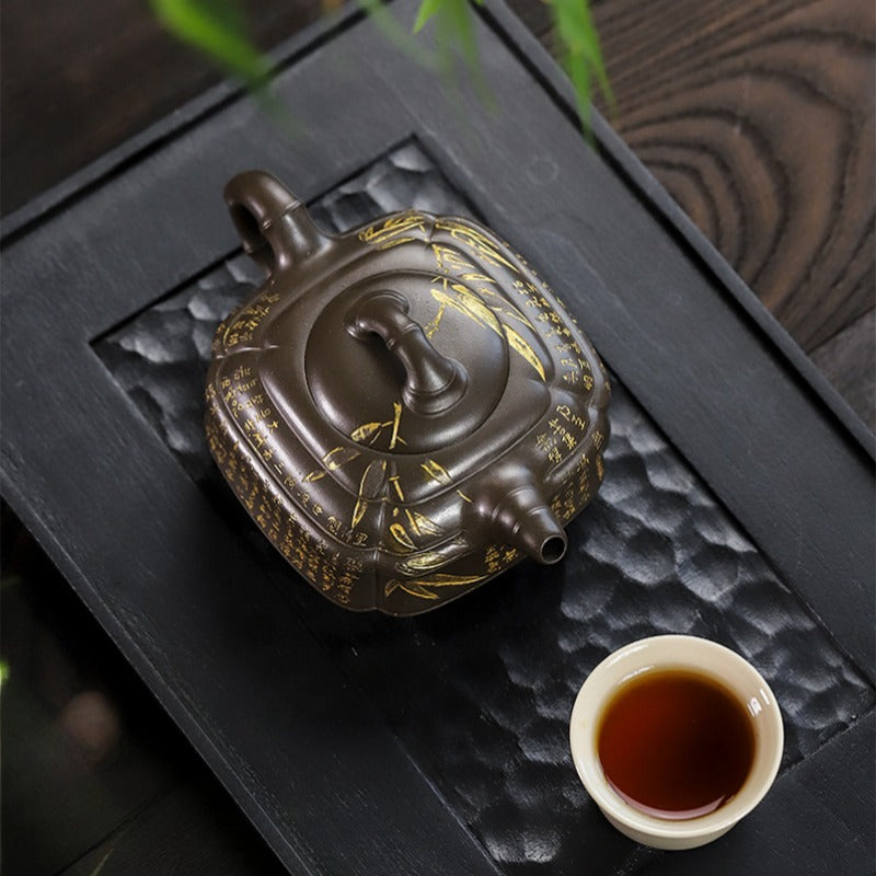 全手工宜兴紫砂茶壶 [抽角竹鼓] (翡翠青紫泥 - 300ml)