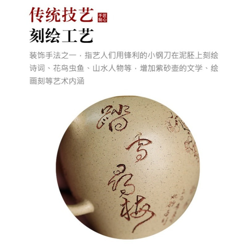 全手工宜兴紫砂茶壶 [踏雪寻梅] (本山绿泥 - 150ml)