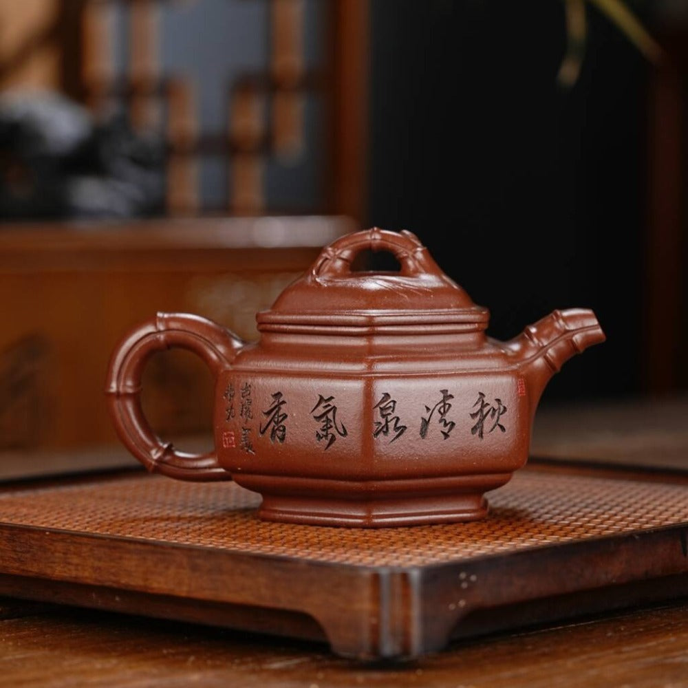 Vollhandgefertigtes Yixing Zisha Teekannen-Set [Liufang Zhu Gu Pot] (Di Cao Qing - 300ml)