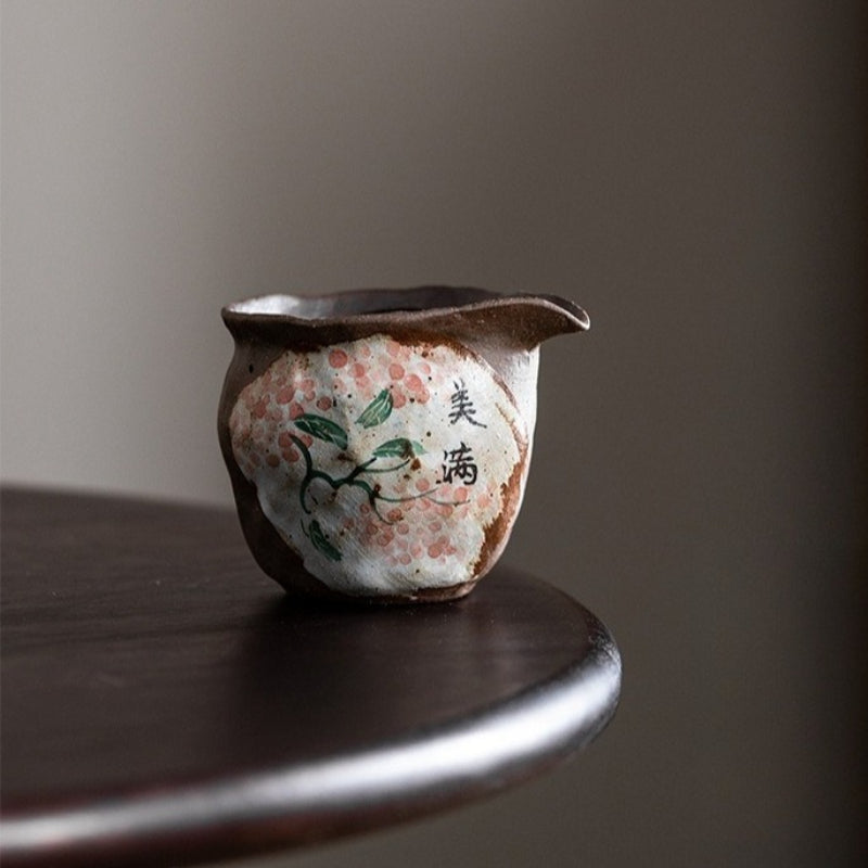 Juego de tazas de té Gaiwan de cerámica floral, pintadas a mano y horneadas a leña [Felicidad]