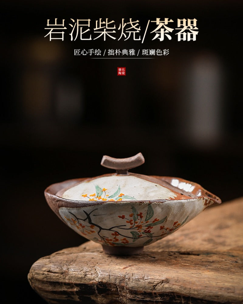 Firewood Fired Hand-painted Floral Ceramic Gaiwan / Fair Cup / Tea Cup - YIQIN TEA HOUSE | yiqinteahouse.com | ceramic teapot, fair cup, gaiwan, tea cup, teapot, teaware