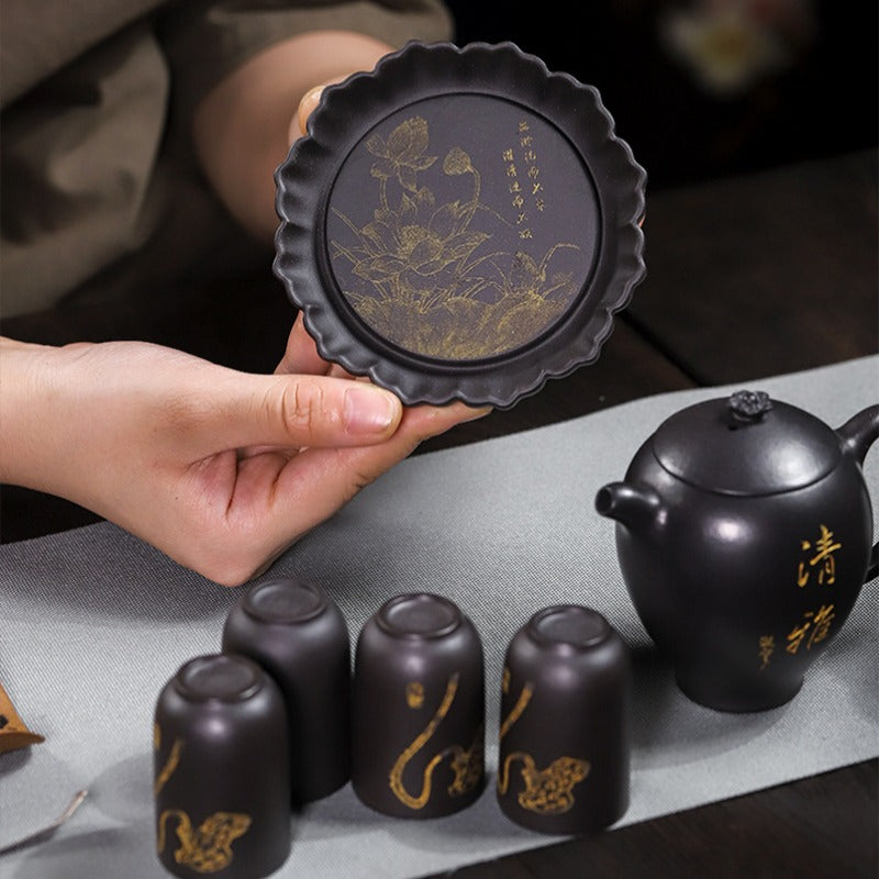 Full Handmade Yixing Zisha Teapot [Wen Xiang] 1 Pot 4 Cups with Tea Tray Set (Shi Huang - 150ml) - YIQIN TEA HOUSE | yiqinteahouse.com | <200ml, full handmade zisha teapot, teapot, teaware, teaware set