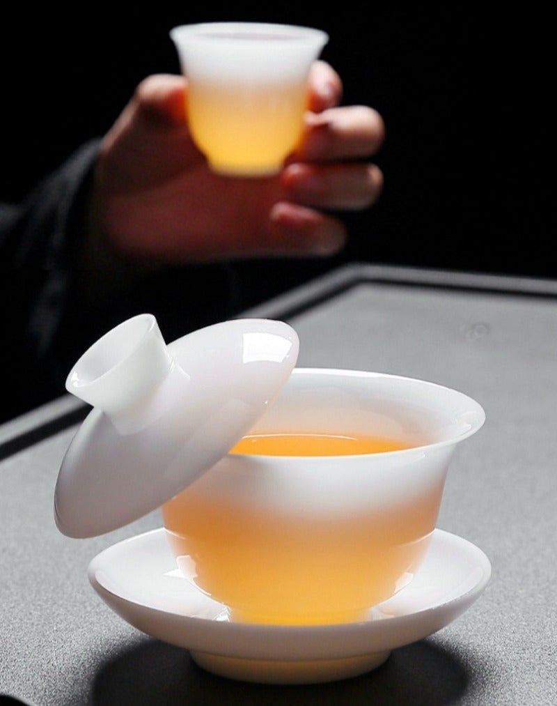Ice Jade White Porcelain Glazed Thin Walled Sancai Gaiwan [Ingot] 120/150/200ml