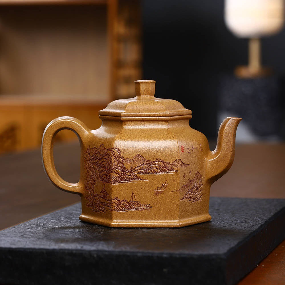Full Handmade Yixing Zisha Teapot [Liufang DeZhong Pot 六方德钟壶] (Wucai Lao Duan Ni - 520ml)
