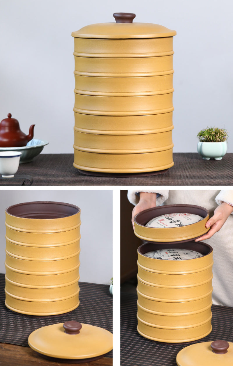 宜兴紫砂 茶饼罐 茶叶罐 存茶罐 [简约] 层叠款