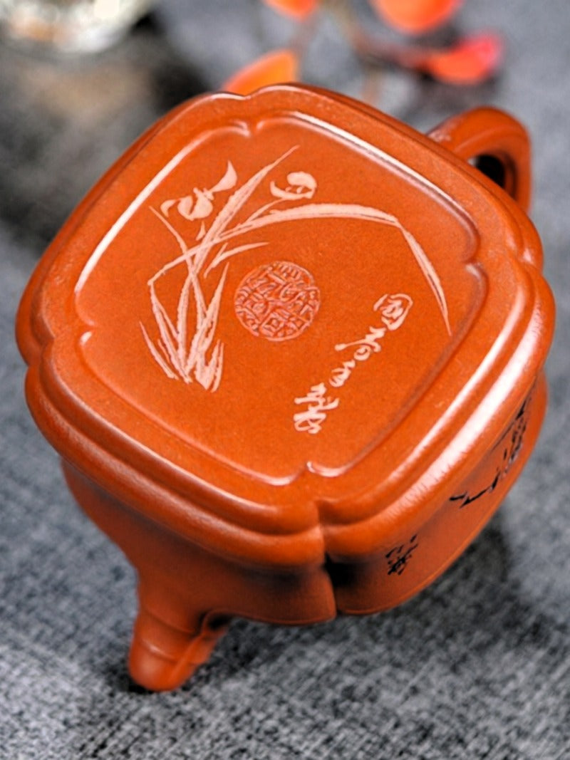 Full Handmade Yixing Zisha Teapot [Sifang Zhu Ding] (Zhu Ni - 280ml)