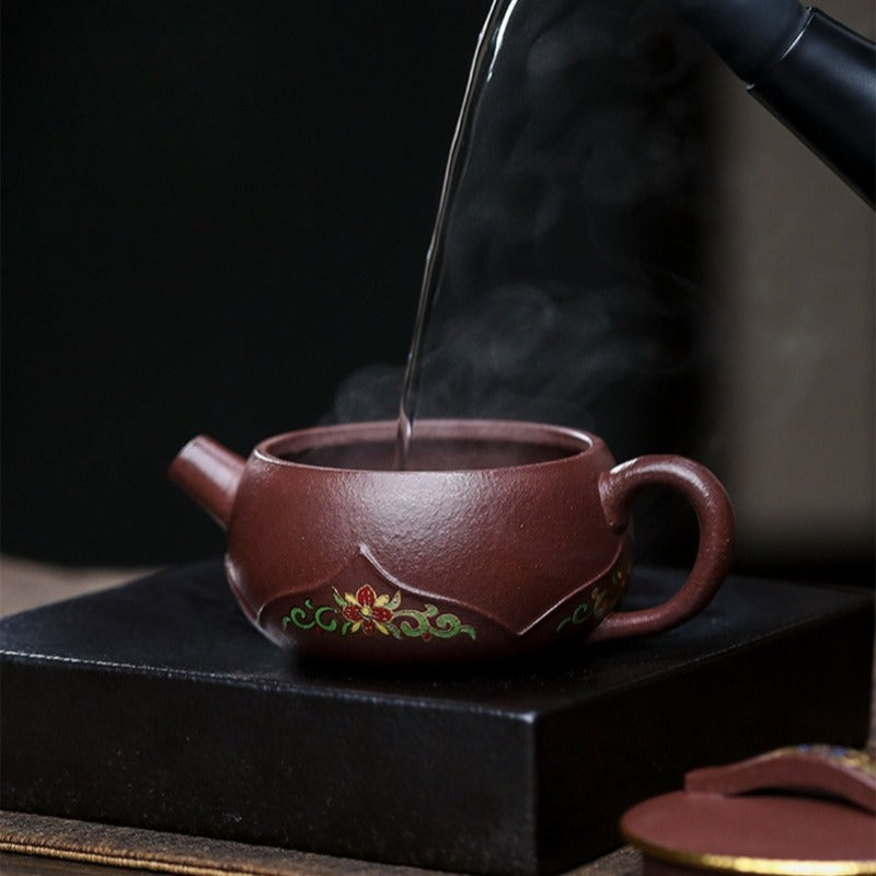 全手工宜兴紫砂茶壶 [竹影莲花] (30目紫泥 - 170ml)