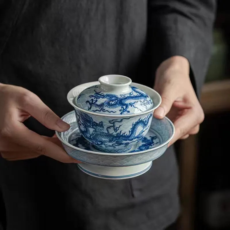 Ceramic [Qinghua Dragon] Sancai Gaiwan 200ml - YIQIN TEA HOUSE | yiqinteahouse.com | gaiwan, teaware