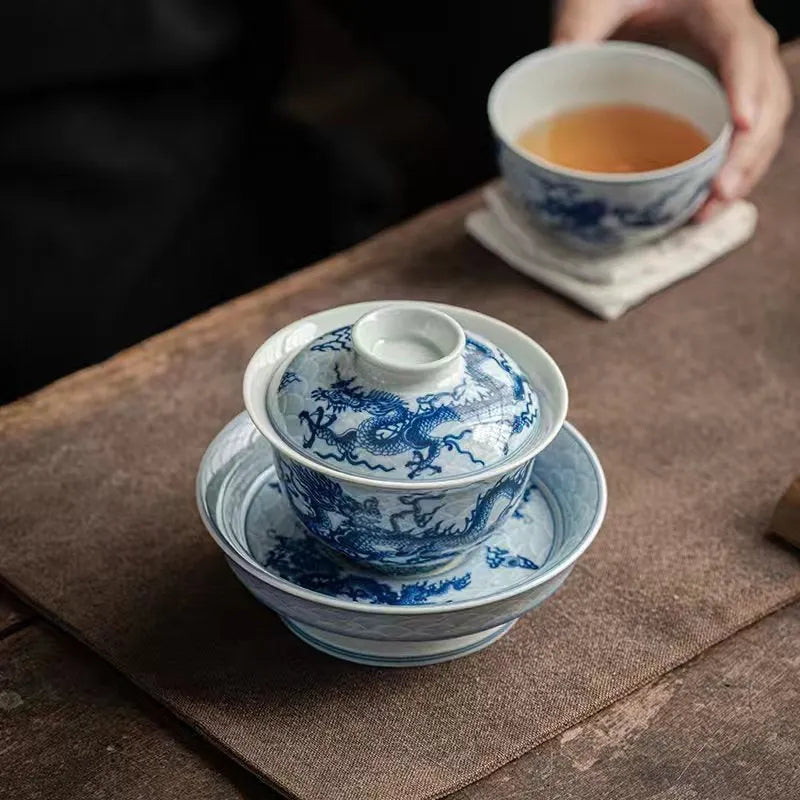 Ceramic [Qinghua Dragon] Sancai Gaiwan 200ml - YIQIN TEA HOUSE | yiqinteahouse.com | gaiwan, teaware