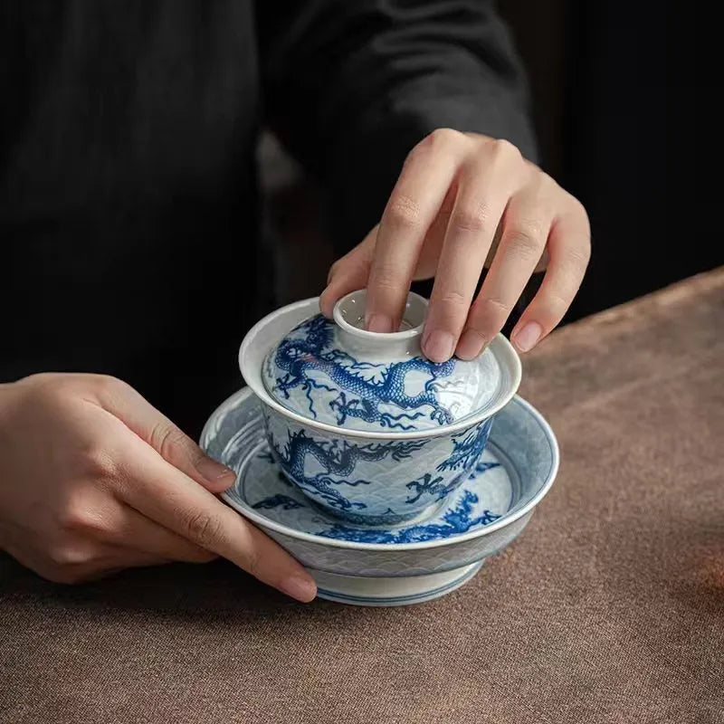 Ceramic [Qinghua Dragon] Sancai Gaiwan 200ml - YIQIN TEA HOUSE | yiqinteahouse.com | gaiwan, teaware