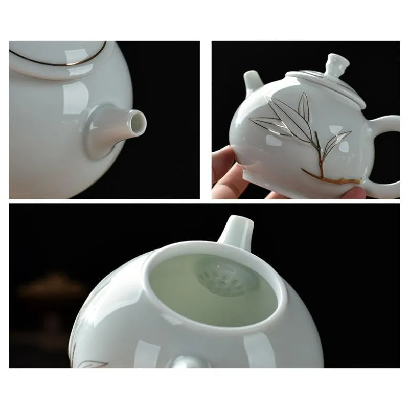 Ceramic Teapot/Gaiwan Tea Set [Qinghua Golden Line Bamboo/Lotus] - YIQIN TEA HOUSE | yiqinteahouse.com | ceramic teapot, gaiwan, teapot, teaware, teaware set