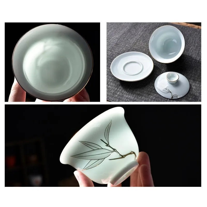 Ceramic Teapot/Gaiwan Tea Set [Qinghua Golden Line Bamboo/Lotus] - YIQIN TEA HOUSE | yiqinteahouse.com | ceramic teapot, gaiwan, teapot, teaware, teaware set