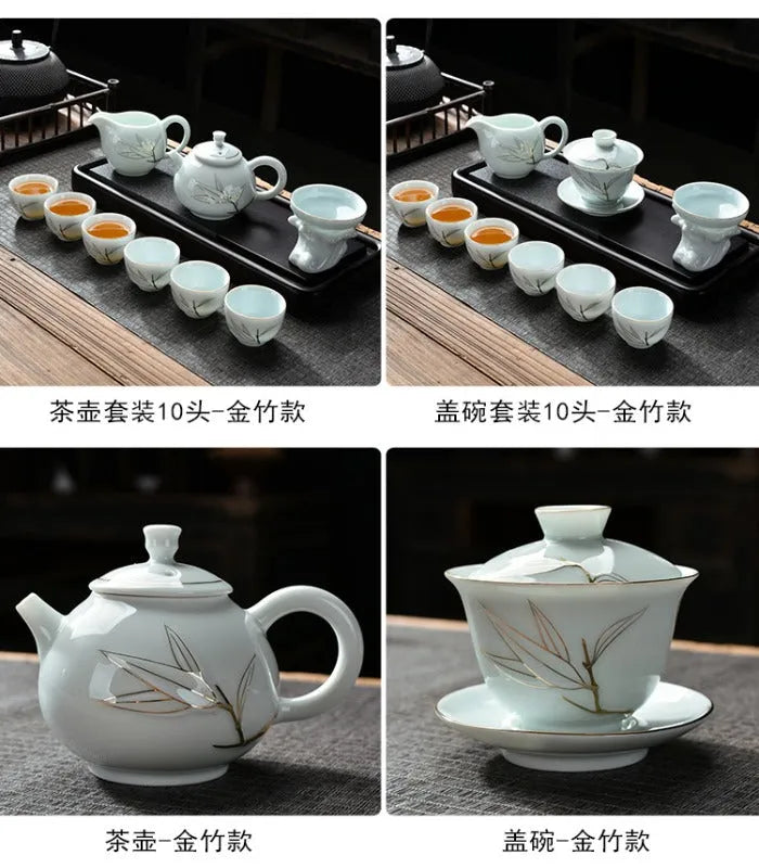 Ceramic Teapot/Gaiwan Tea Set [Qinghua Golden Line Bamboo/Lotus] - YIQIN TEA HOUSE | yiqinteahouse.com | ceramic teapot, gaiwan, teapot, teaware, teaware set